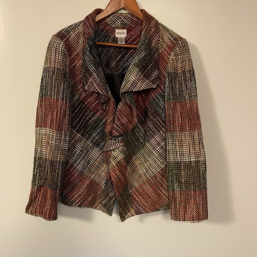 Chico's Multicolor Metallic Tweed Ruffle Jacket Size 1 Lined Open Front